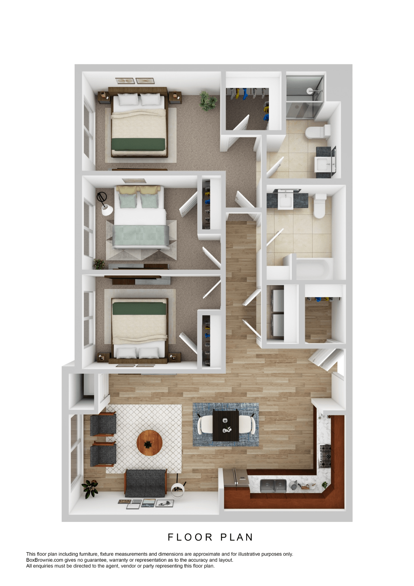 Floor plan for 3 beds, 2 baths, 1190 sqft